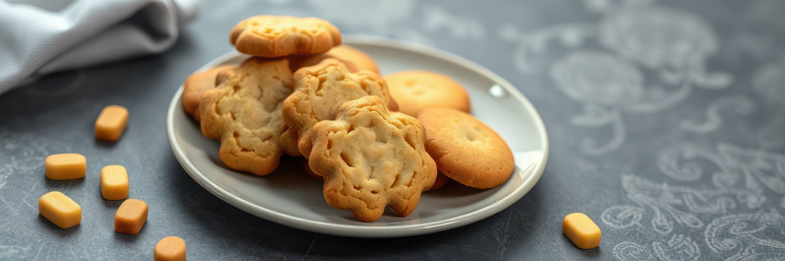 Freshly baked cookies on a gray plate with a silk tablecloth in a cozy kitchen setting